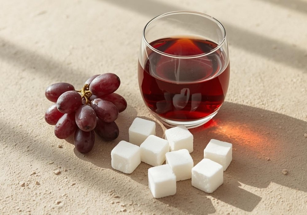 Zucker und Trauben vor alkoholfreiem Weinglas während Schwangerschaft